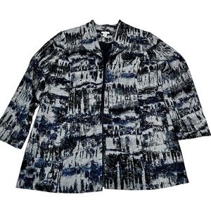 Chico's Size 2‎ Silvery Blue Abstract Blazer Jacket Cotton Silk Blend L 12 14